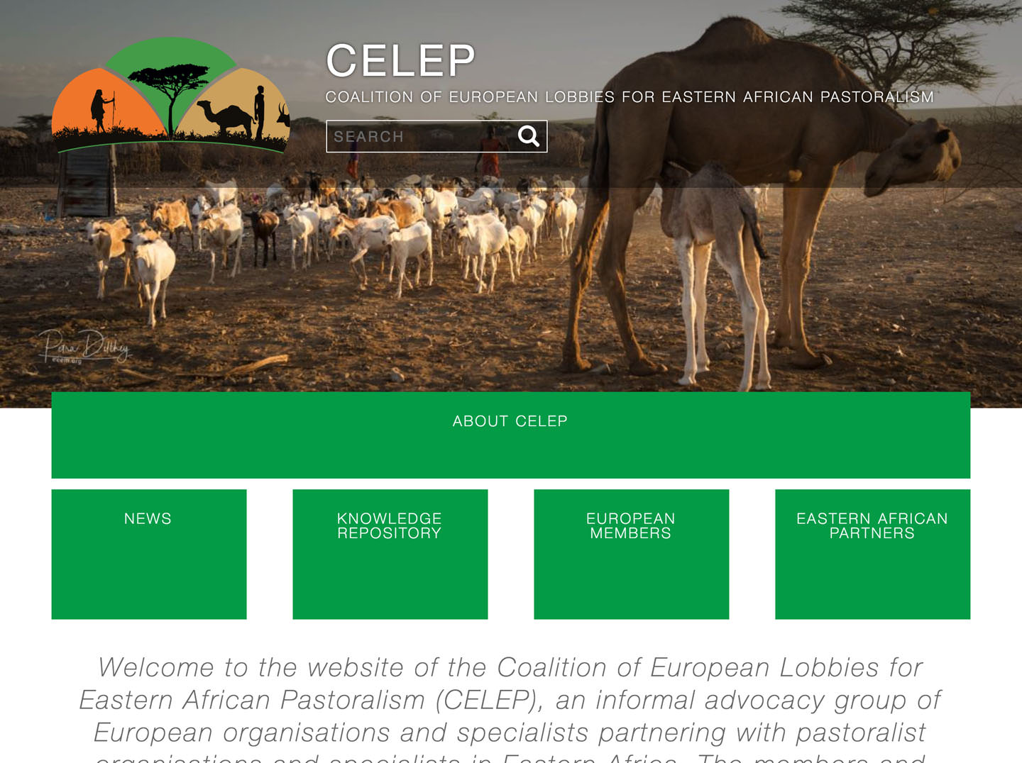 The homepage of CELEP on desktop-sized screens.
