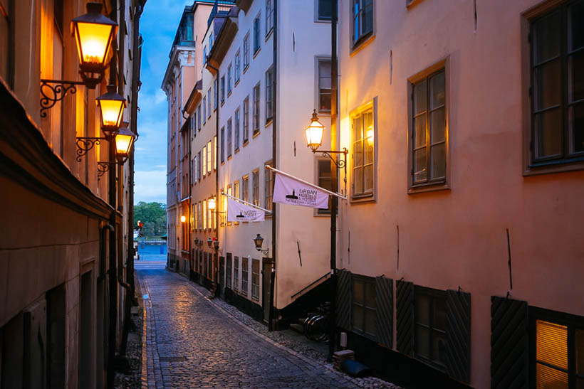 A youth hostel on a long summer night in the old city center of Gamla Stan in Stockholm.