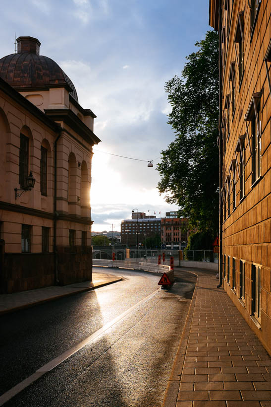 The late afternoon sun shining on Rådhusgränd, a street in Gamla Stan in Stockholm.