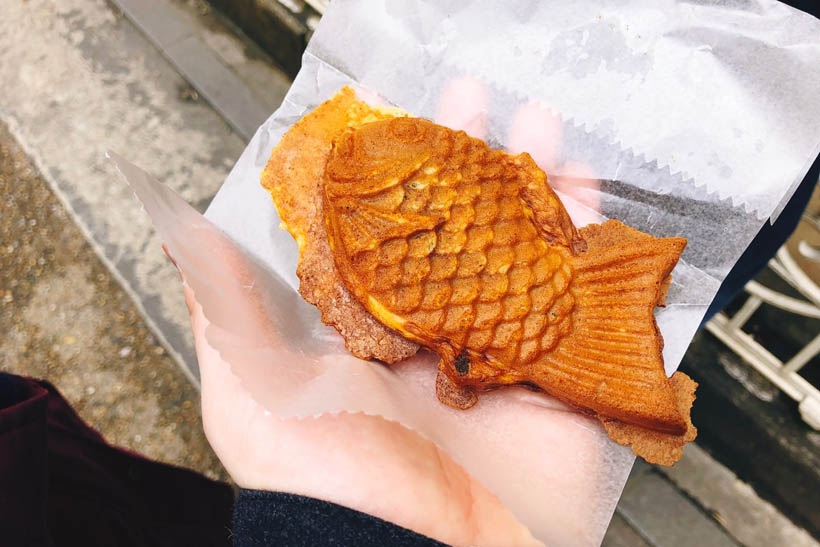 A Taiyaki snack, consisting of batter and red bean paste, bought from a food stand near the Bamboo Grove in Arashiyama, Kyoto (Japan).