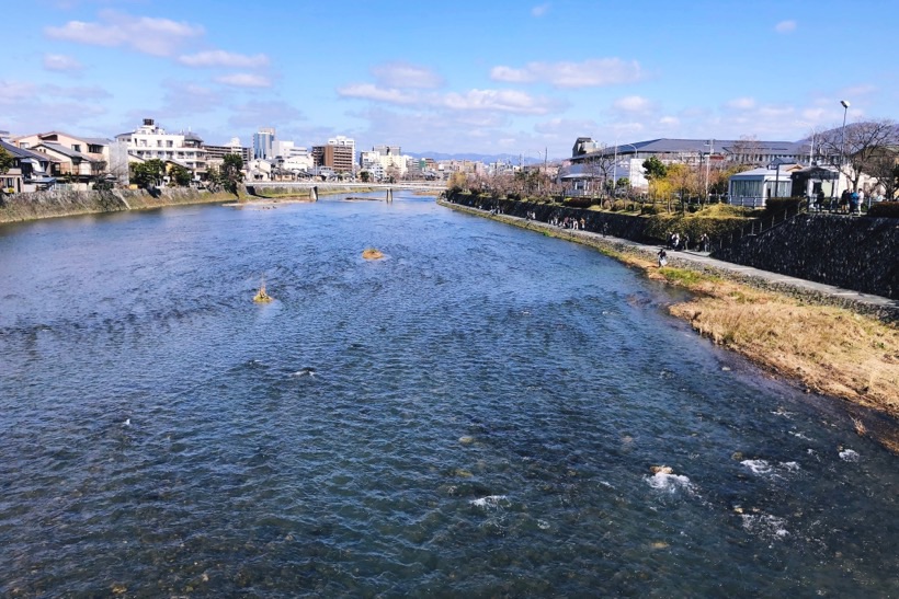 The Kamogawa river in Kyoto, Japan.