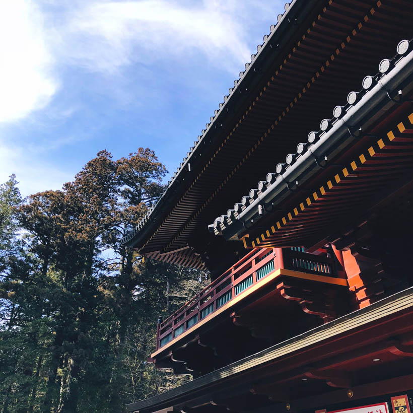 A building in vermillion red, part of the Rinnoji Temple complex in Nikko, Japan.