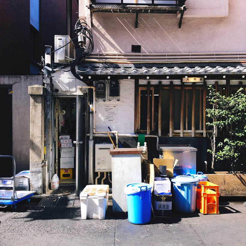 Neatly packed garbage at a small restaurant in Asakusa in Tokyo, Japan.