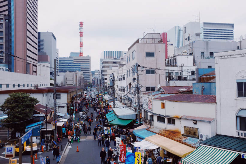 A view over the Tsukiji Outer Market as seen from the bridge, looking over the various gift shops and sushi stalls.