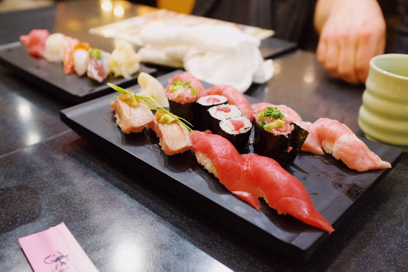 A tuna set (with regular tuna, fatty tuna and a few tuna maki rolls) at a Sushi Zanmai restaurant in Tsukiji, Tokyo, Japan.