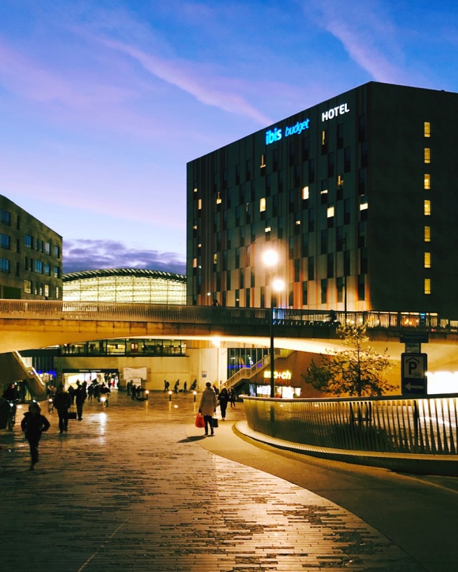 The station of Leuven at sunset.