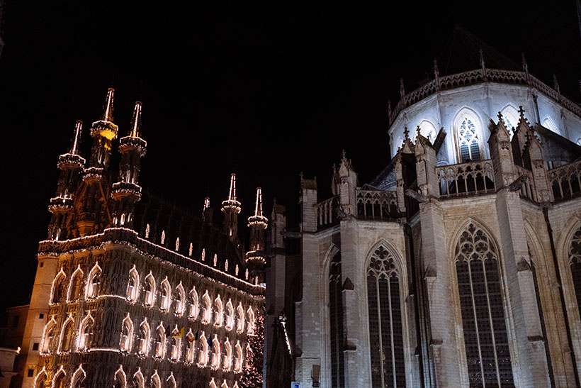 The historical Town Hall and Saint Peter's Church on New Years Day in Leuven.