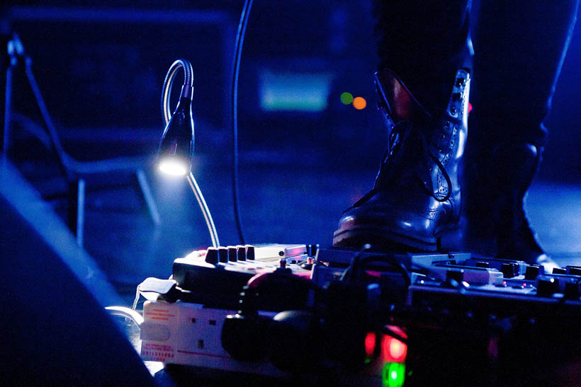 A pedal board in use at a concert of Man Without Country in Brussels, Belgium.